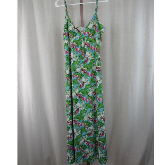 Pineapple Moon Medium Green Blue Hawaiian Tank Maxi Dress Floral Palm Leaves - Picture 1 of 7